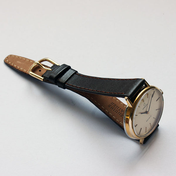 a vintage mens or women's oval gold plate watch with brown leather strap vintage design at marston barrett in lewes