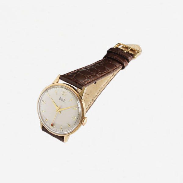 a 1973 vintage smiths astral mens watch gold dial leather strap
