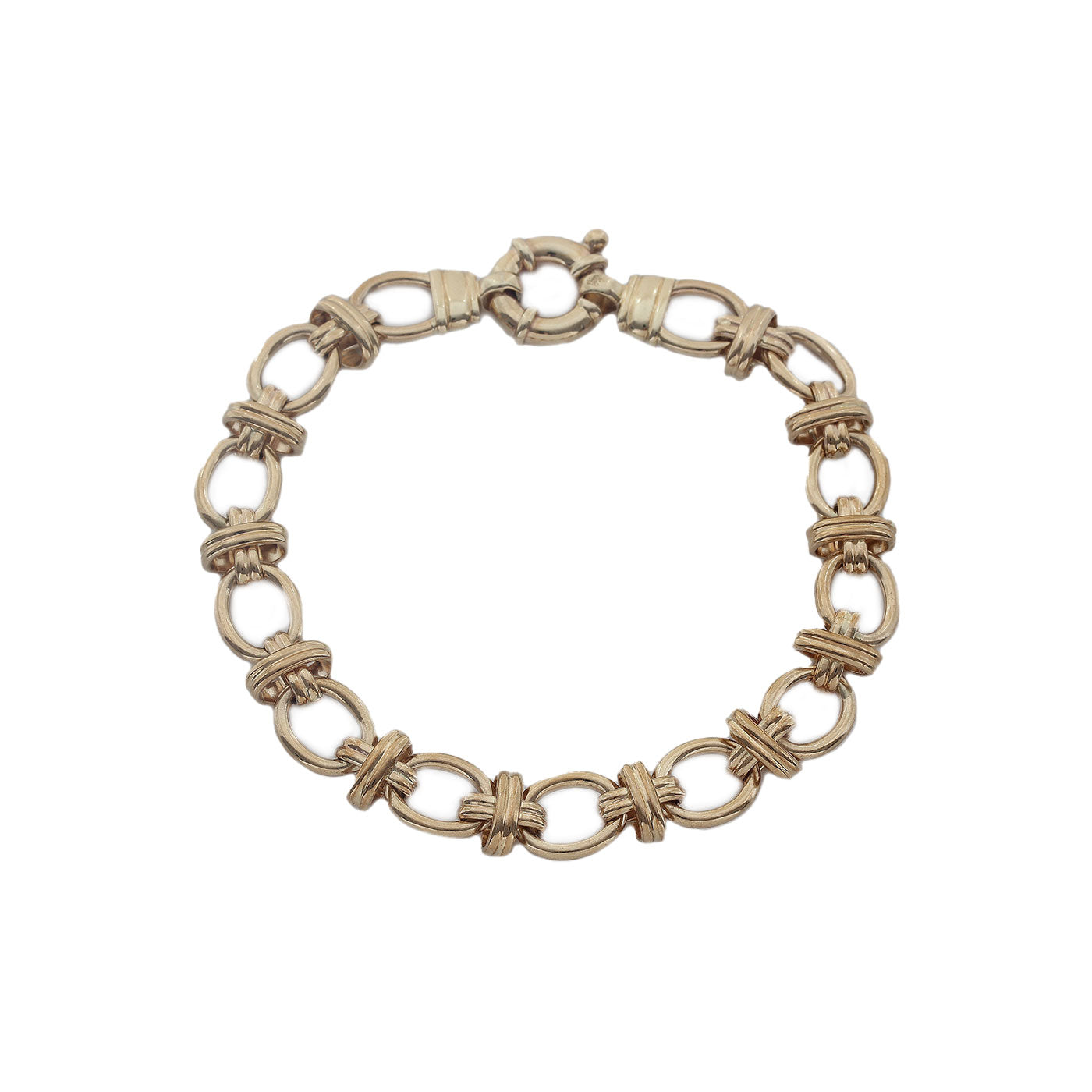 9ct Yellow Gold Oval and Cross Design Bracelet with large Bolt Ring Clasp