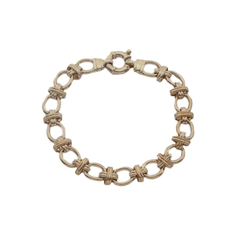 9ct Yellow Gold Oval and Cross Design Bracelet with large Bolt Ring Clasp
