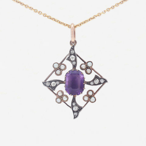 Amethyst Pearl and Diamond Edwardian Pendant & Chain - Secondhand