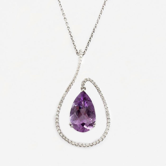 a stunning amethyst diamond pear shaped drop pendant necklace white gold