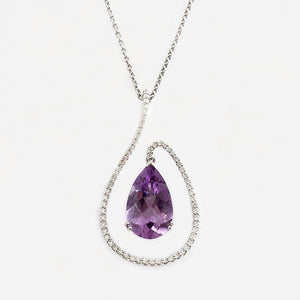 a stunning amethyst diamond pear shaped drop pendant necklace white gold