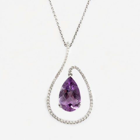 a stunning amethyst diamond pear shaped drop pendant necklace white gold