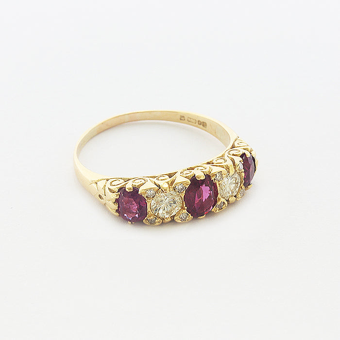 ruby and diamond victorian style ring in yellow gold