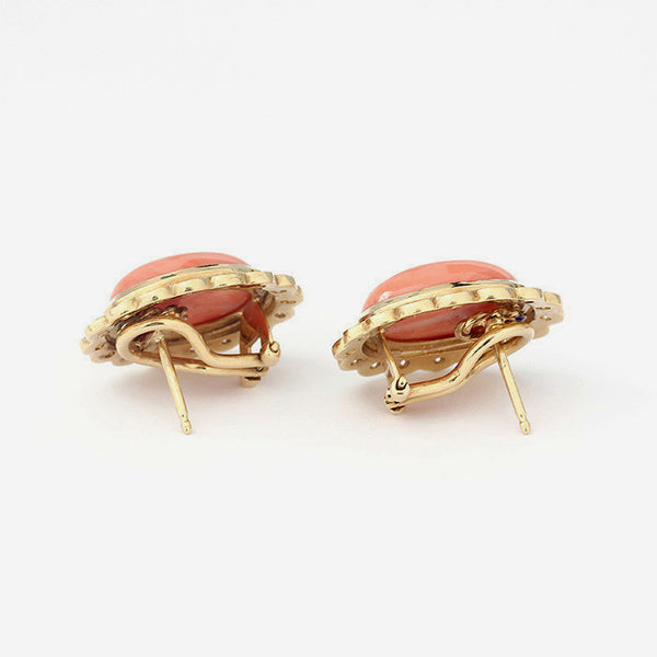 oval coral and diamond large clip on stud earrings in yellow gold