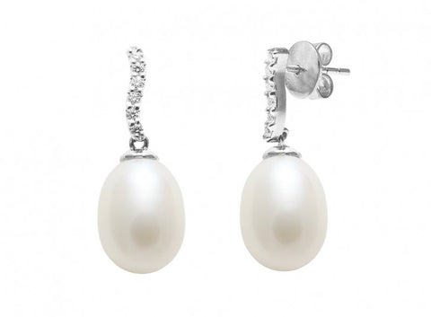 white gold freshwater pearl and diamond drop earrings