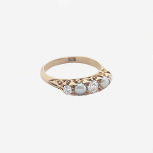 Pearl (Natural) and Diamond Five Stone Victorian Ring - Secondhand