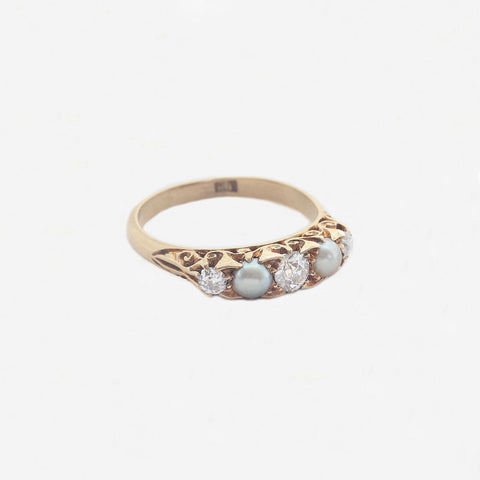 Pearl (Natural) and Diamond Five Stone Victorian Ring - Secondhand