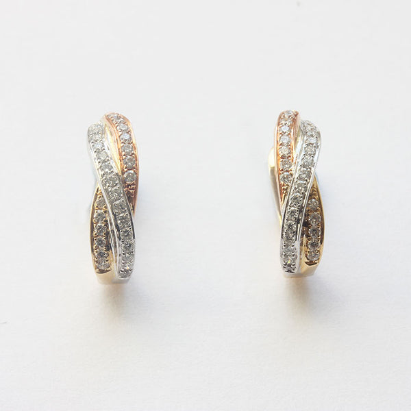 18ct rose and yellow and white gold small oval hoops cross over design with diamonds