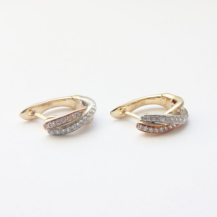 diamond set small oval hoops with diamonds cross over design 3 colour gold