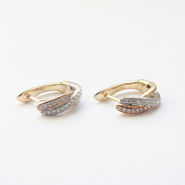 diamond set small oval hoops with diamonds cross over design 3 colour gold