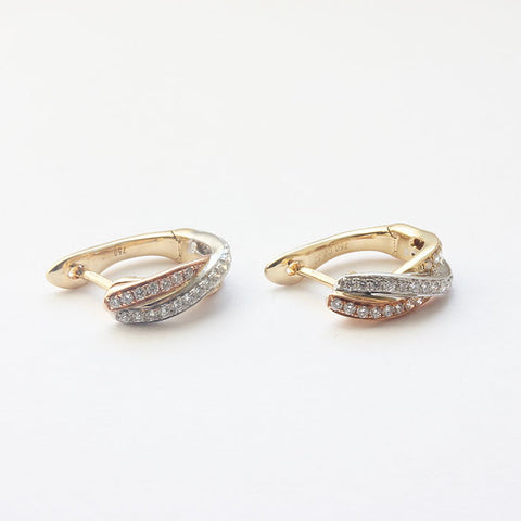 diamond set small oval hoops with diamonds cross over design 3 colour gold