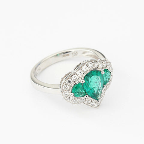 emerald and diamond pear shaped cluster ring in white gold