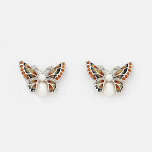 nicole barr butterfly stud earrings with enamel diamonds and pearls with orange colours