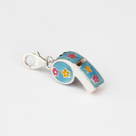 silver whistle charm with blue yellow pink enamel