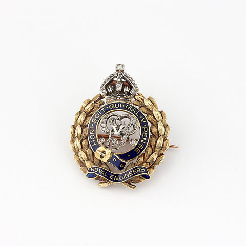 gold antique royal engineers brooch with diamonds and enamel 