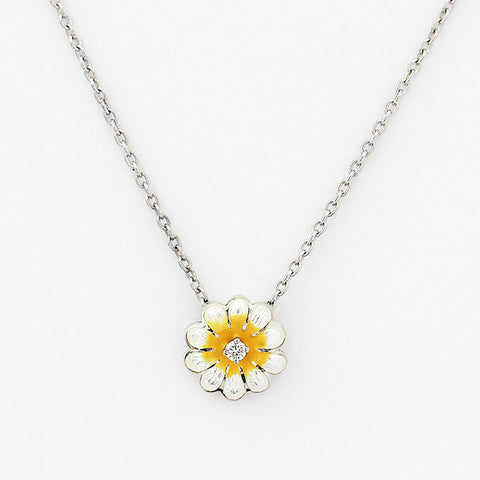 silver daisy enamel pendant with a small diamond on a trace chain in silver