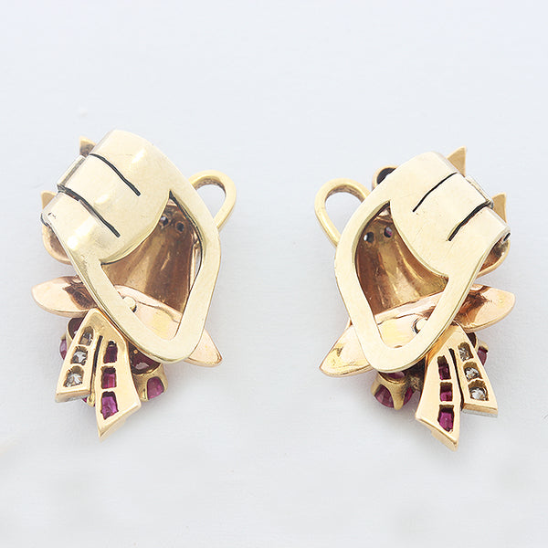 yellow gold ruby and diamond floral design clip earrings