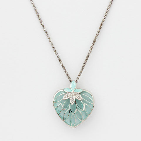 silver heart pendant aqua coloured with diamonds floral design on a silver chain 46cm