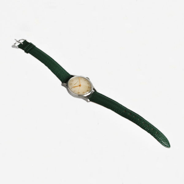 a jaeger le coultre watch steel case green leather strap dated 1940s