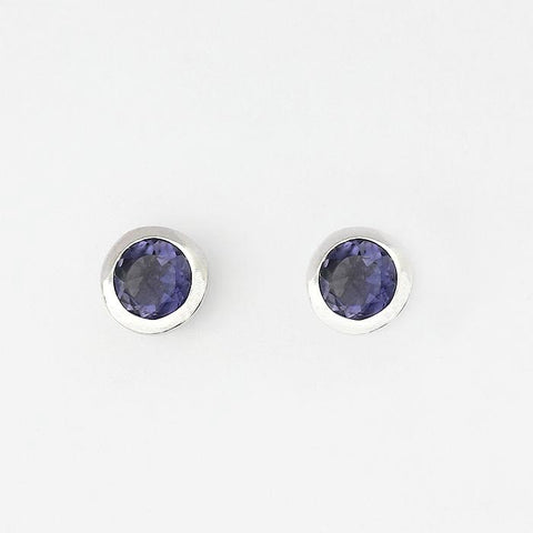 Iolite round stone set stud earrings made in sterling silver with post and butterfly fitting