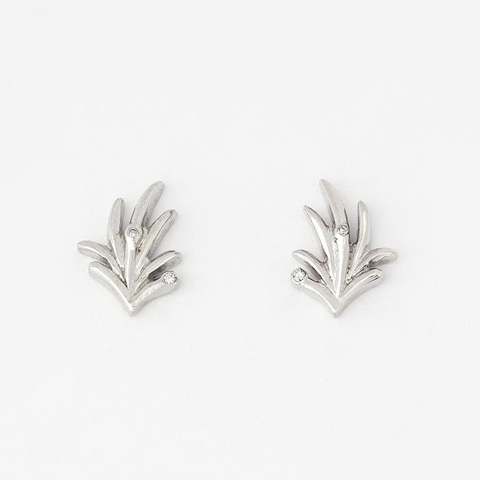 leaf pattern set of silver earring studs with 2 small diamonds set within with a post and butterfly fitting