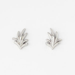leaf pattern set of silver earring studs with 2 small diamonds set within with a post and butterfly fitting