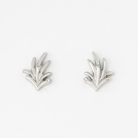 leaf pattern set of silver earring studs with 2 small diamonds set within with a post and butterfly fitting