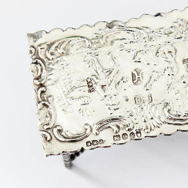 an antique miniature decorative rectangular table dolls house size in sterling silver with beaded edge legs dated 1898