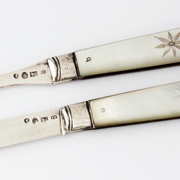 secondhand georgian silver and mother of pearl knife and fork set with hallmarks