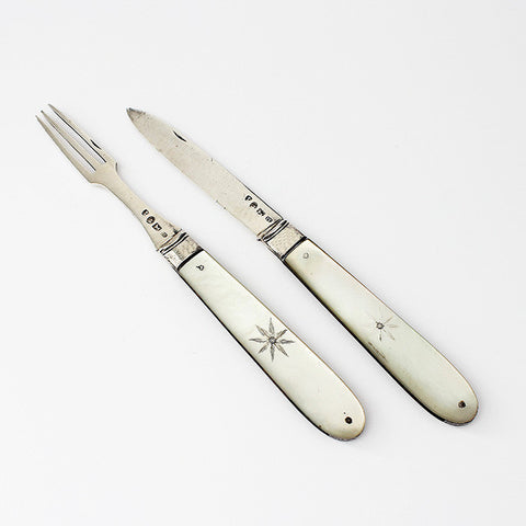 mother of pearl travelling knife and fork set with silver handles georgian period