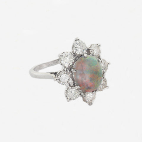 Opal & Diamond Cluster Ring in 18ct White Gold - Secondhand
