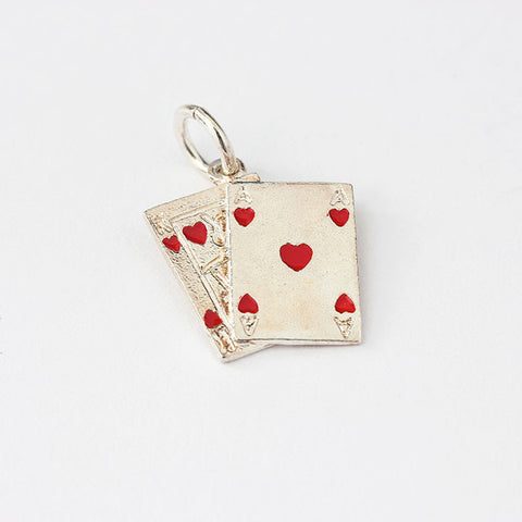 silver playing cards charm with red enamel fixed 3 cards