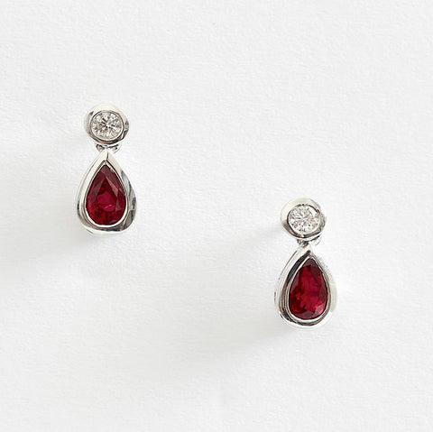 ruby and diamond drop earrings tear drop in white gold