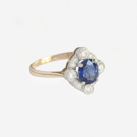 Edwardian style sapphire and diamond cluster heritage ring