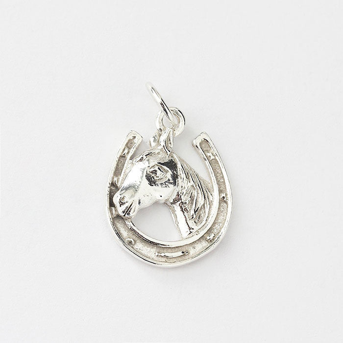 silver horse shoe and horse head charm 