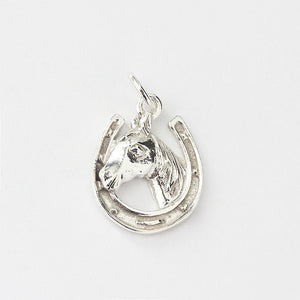 silver horse shoe and horse head charm 