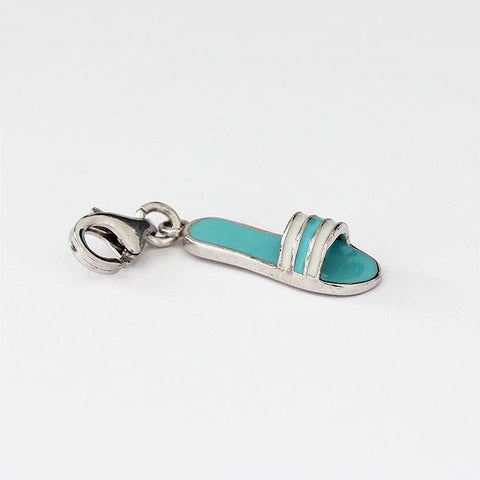 silver sandal charm with blue and white enamel