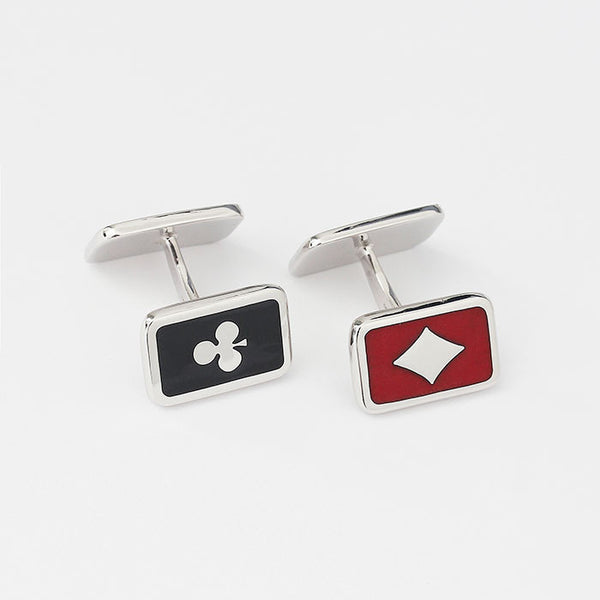 silver playing cards cufflinks with red and black enamel bar fitting