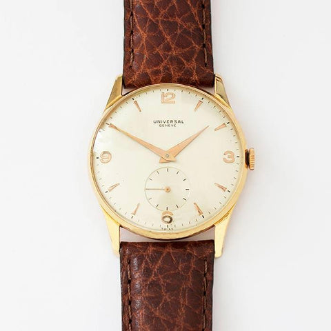 a universal 18ct rose gold vintage gents watch with a brown leather strap